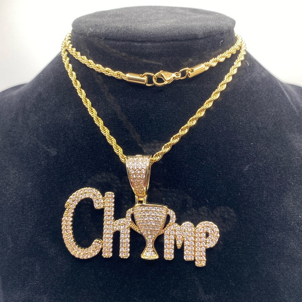 Champ | 14k Gold | High End CZ Pendant w 20’ Gold Rope Chain
